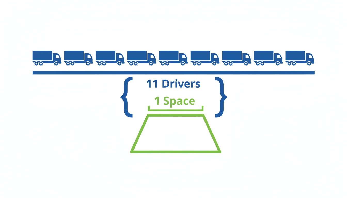 Visualization of the truck parking shortage showing 11 trucks competing for 1 parking space.