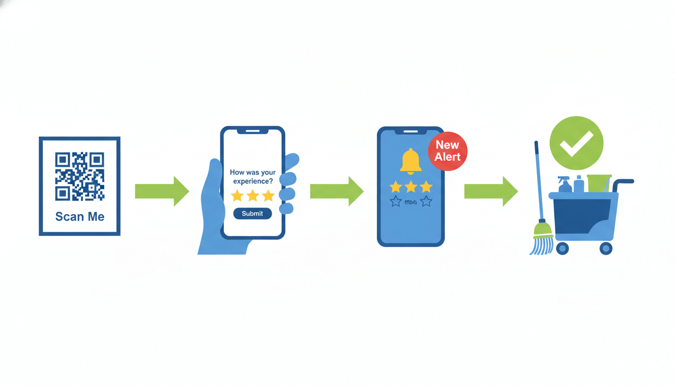 Four-step process flow: Signage, User Input, Staff Alert, and Maintenance Resolution.