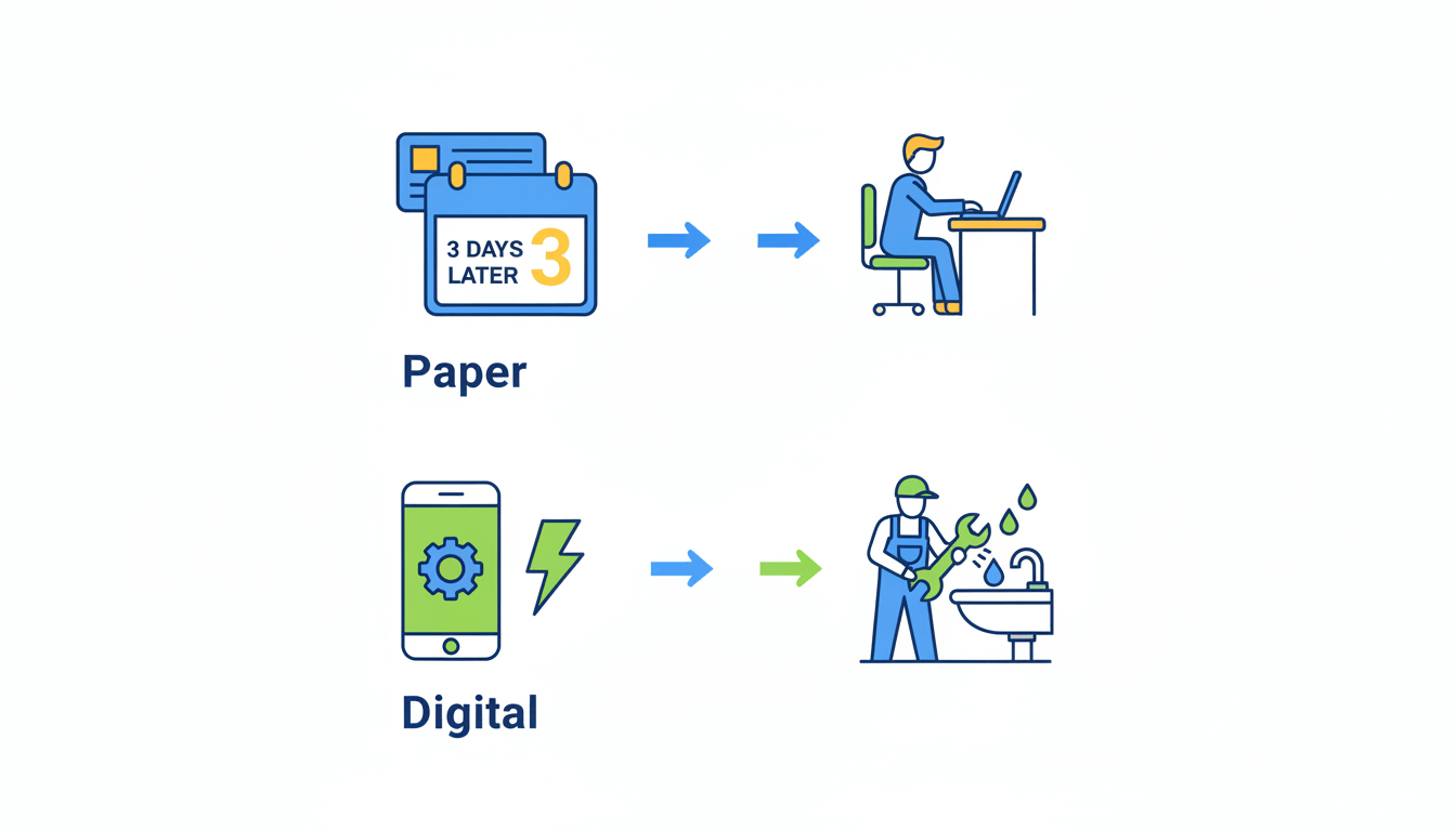 Timeline comparing the 3-day lag of paper cards to the instant response of digital feedback.