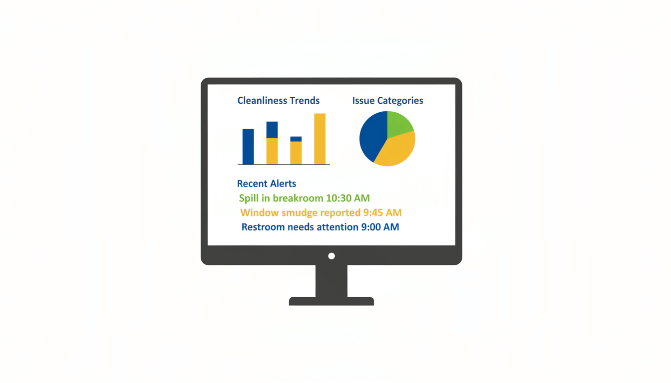 Managerial dashboard showing cleanliness trends, issue categories, and recent alert logs.