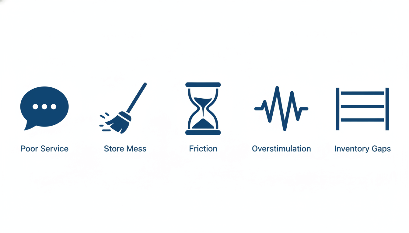 Icons representing the five drivers of defection: Poor Service, Store Mess, Friction, Overstimulation, and Inventory Gaps.