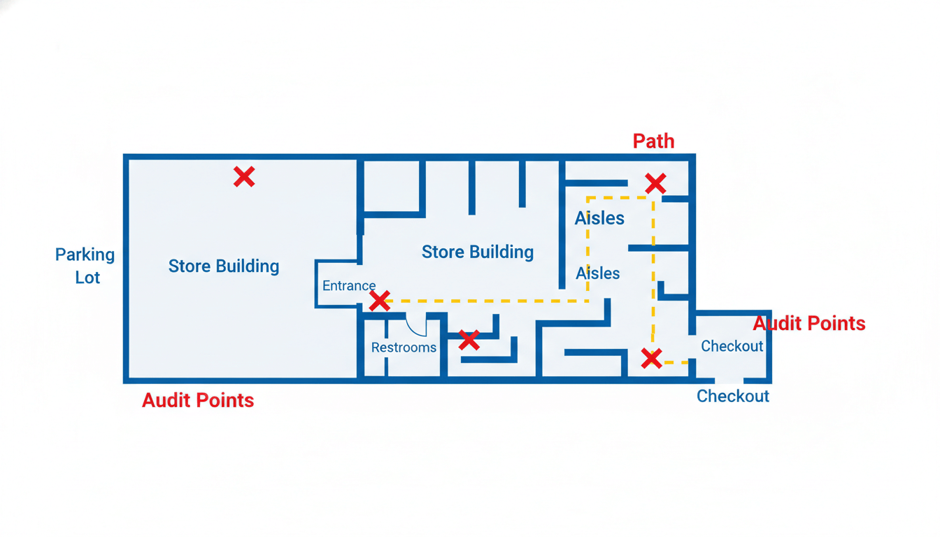 Store floor plan showing the specific path for a management audit walk.