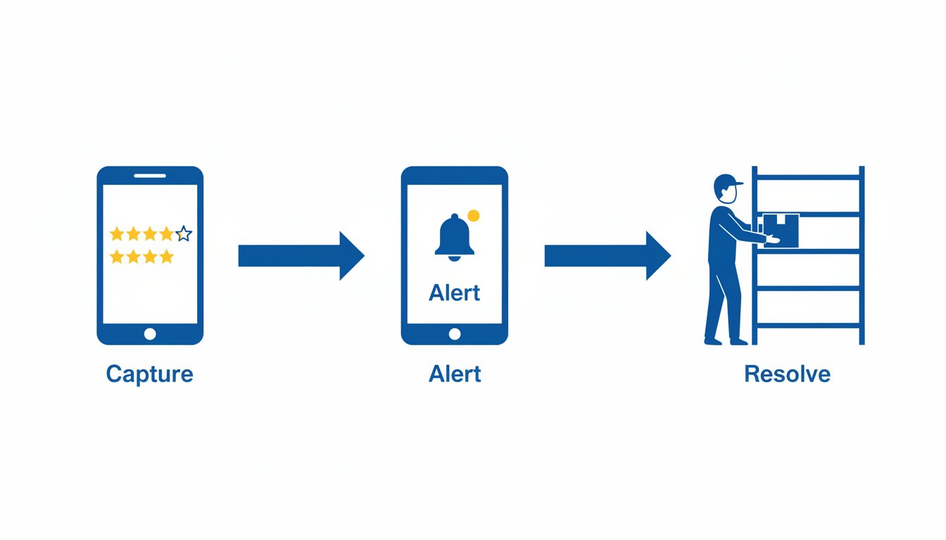 Flowchart showing the process of capturing feedback via phone, alerting staff, and resolving the issue.