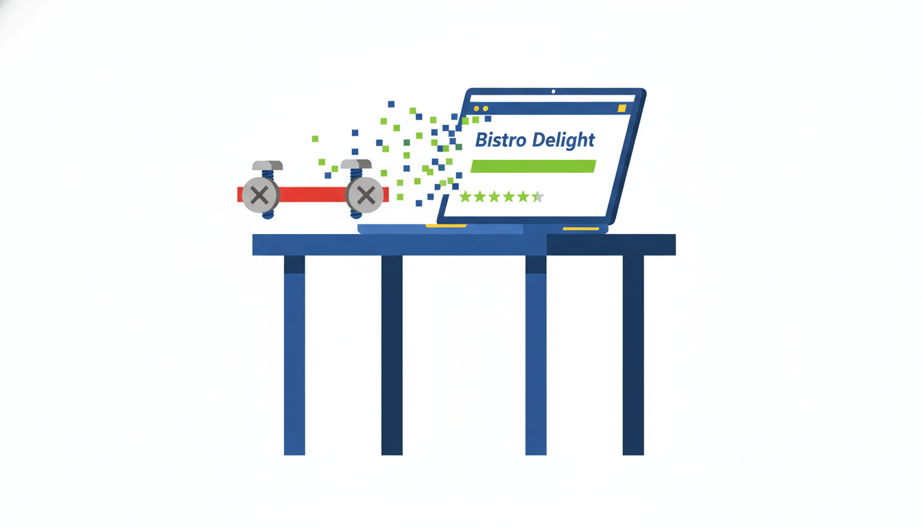Illustration of a 5-star review dissolving while a 1-star review is bolted down.