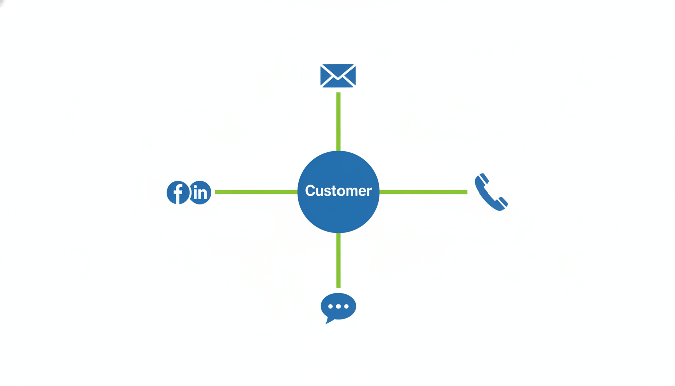 Diagram showing a customer connected to email, phone, chat, and social channels