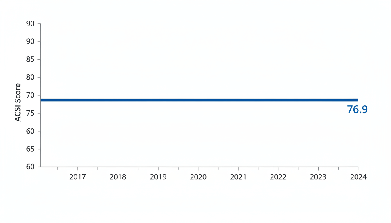 Line graph showing US Customer Satisfaction scores flatlining at 76.9 from 2017 to present.