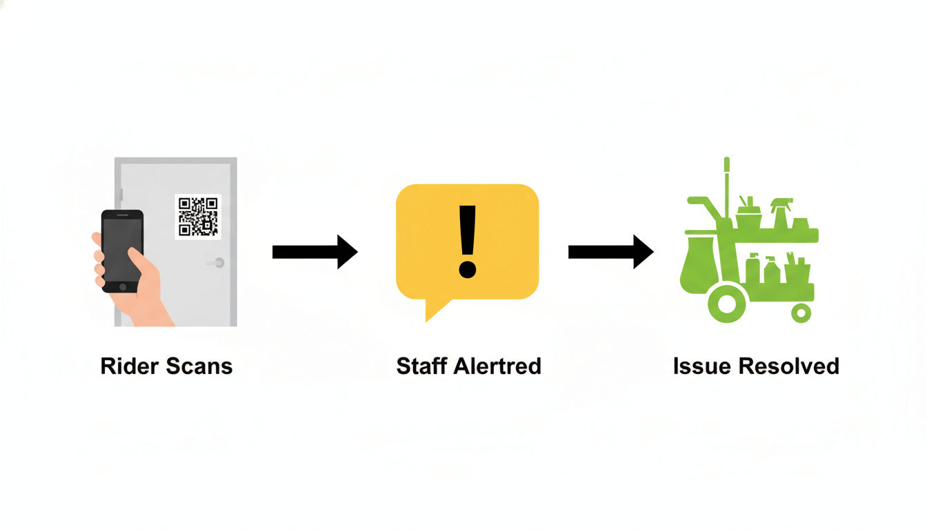 Three-step diagram showing the Opiniator workflow: Rider Scans, Staff Alerted, Issue Resolved.