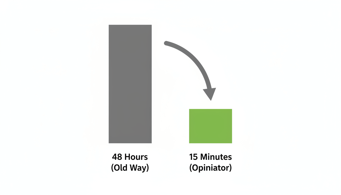 Bar graph comparing complaint response times: 48 hours previously versus 15 minutes with Opiniator.