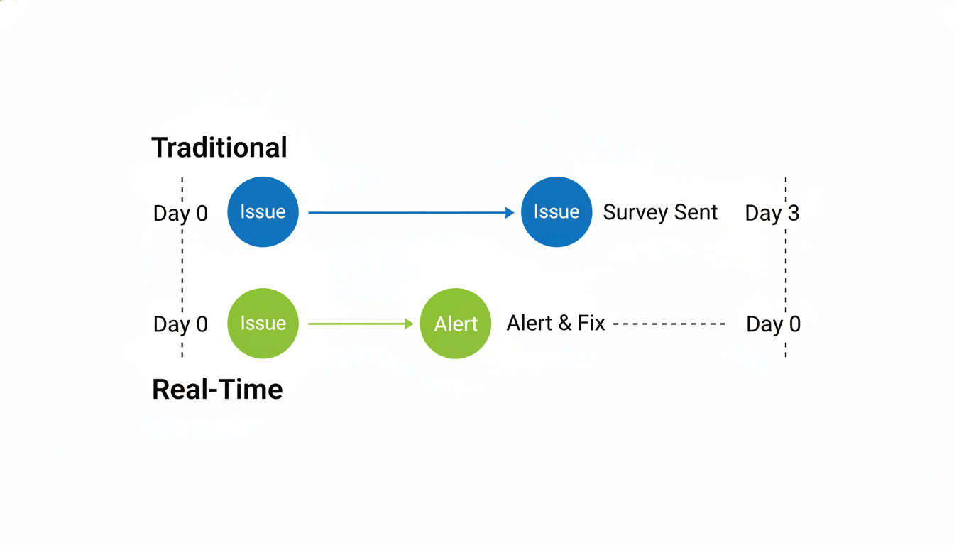 Timeline showing traditional feedback takes 3 days while real-time feedback is instant.