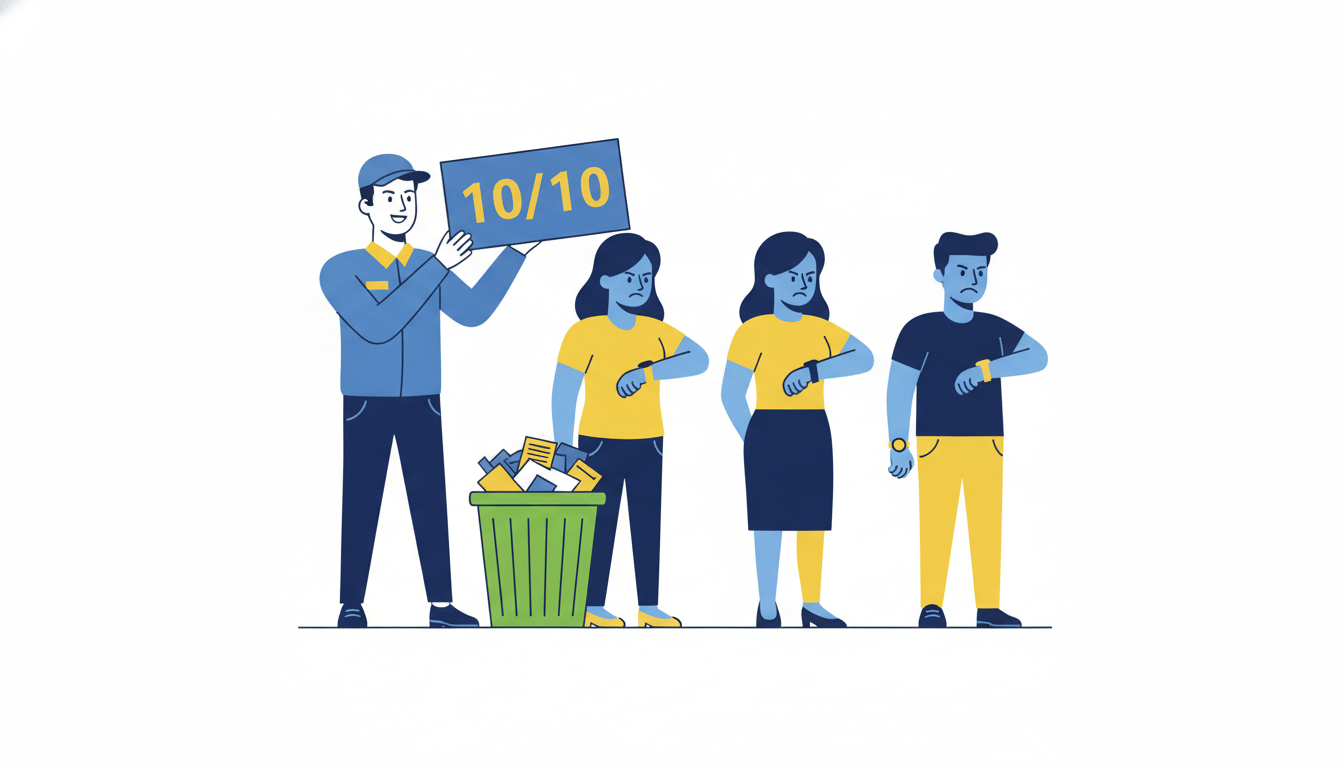 Retail worker holding a perfect 10 out of 10 score while standing in front of an overflowing trash can and angry customers.