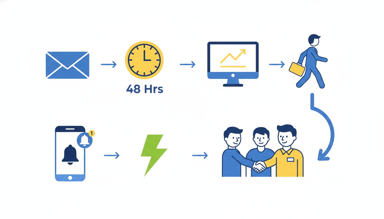 Timeline comparing a 48-hour delayed email survey resulting in a lost customer versus an instant smartphone alert resulting in a saved customer.