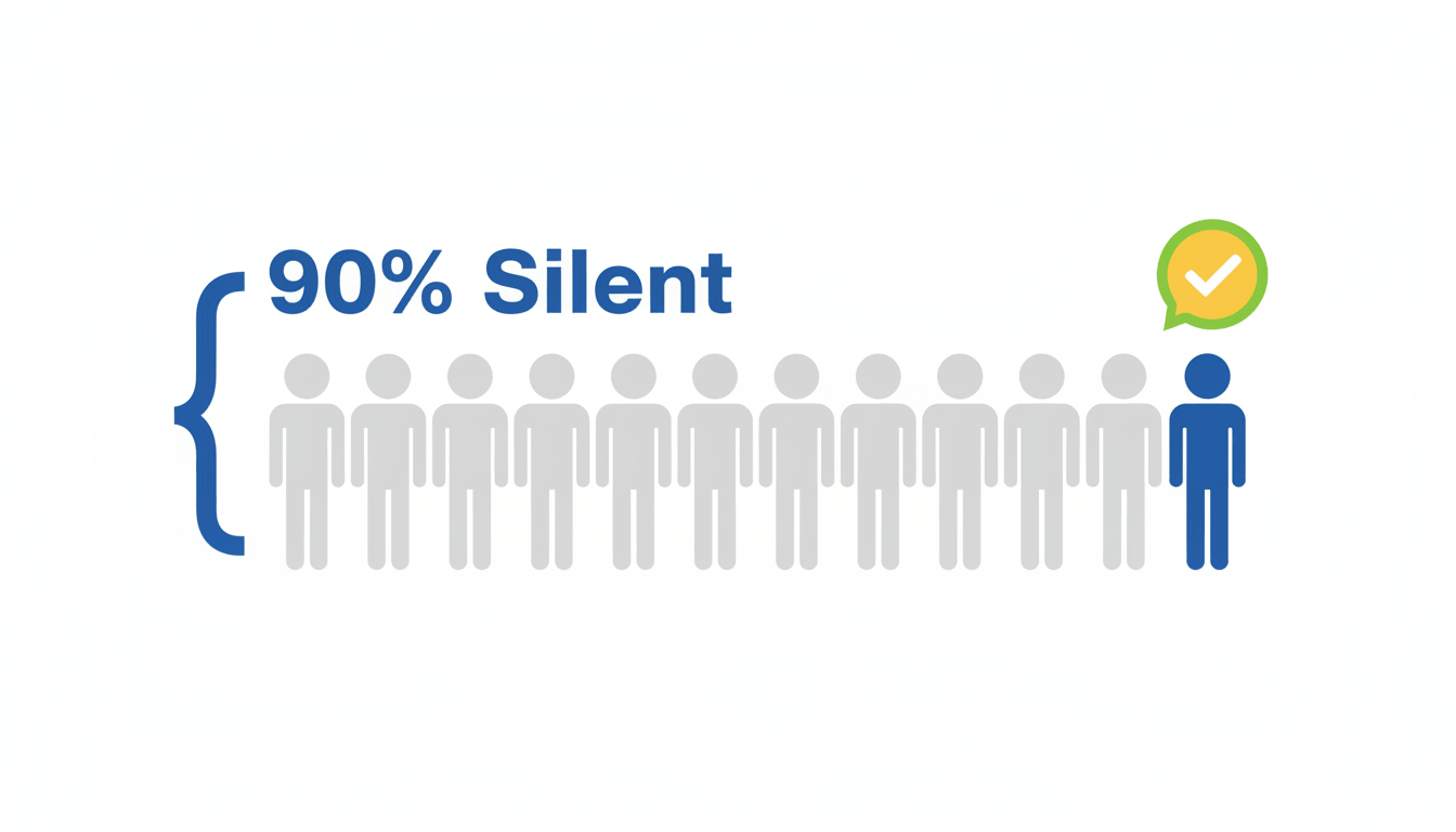 Ten figures in a row where nine are gray and one is blue with a speech bubble.