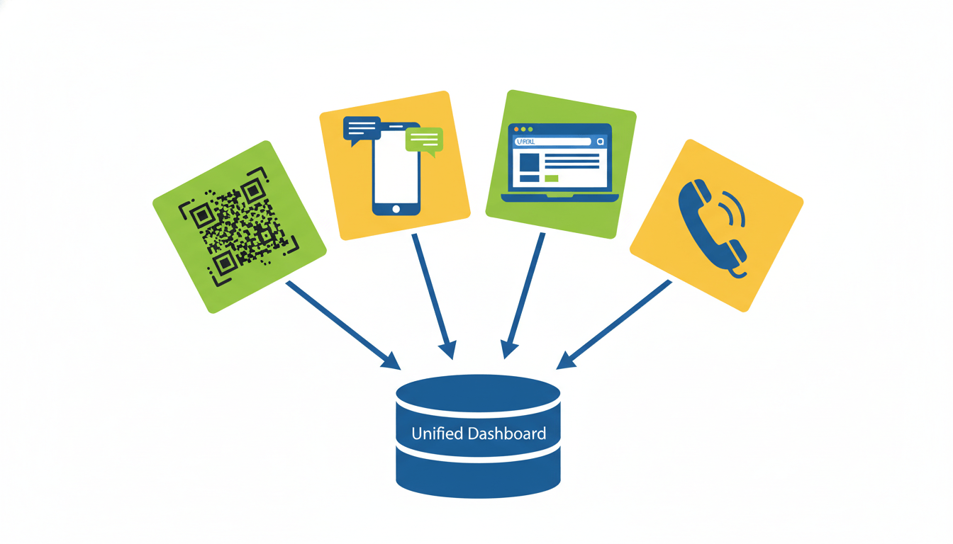 Four feedback inputs—QR code, SMS, web, and phone—feeding into a single unified dashboard.