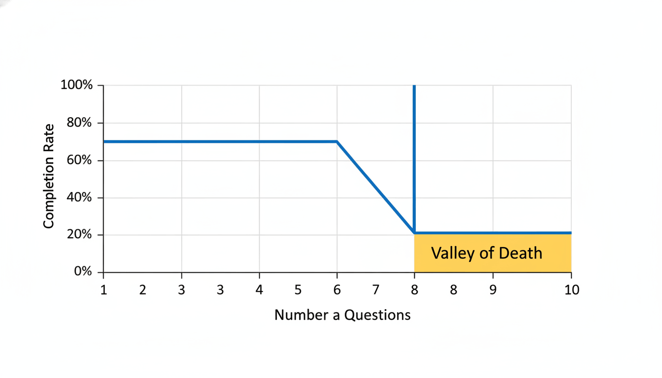 Line graph showing completion rates plummeting after question 5 into a zone labeled 'Valley of Death'