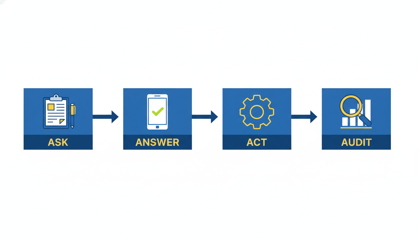A four step flowchart showing ASK, ANSWER, ACT, and AUDIT stages of survey design.